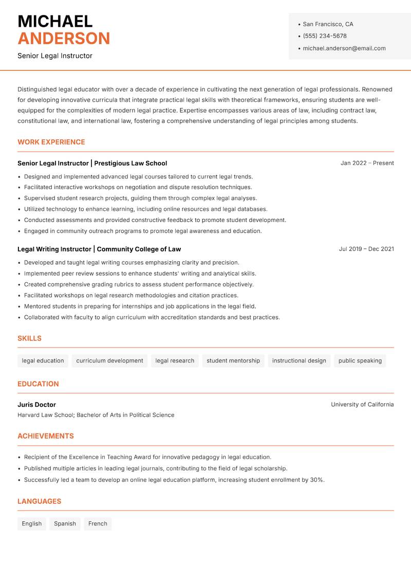 Legal Instructor Resume Template
