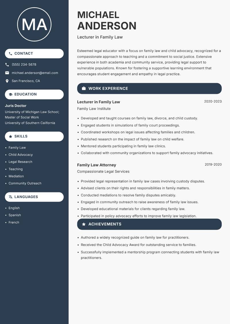 Legal Lecturer Resume Preview Example
