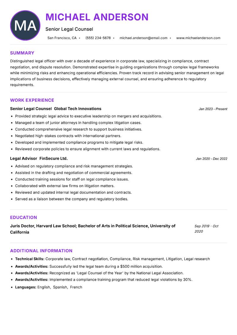 Legal Officer Resume Preview Example