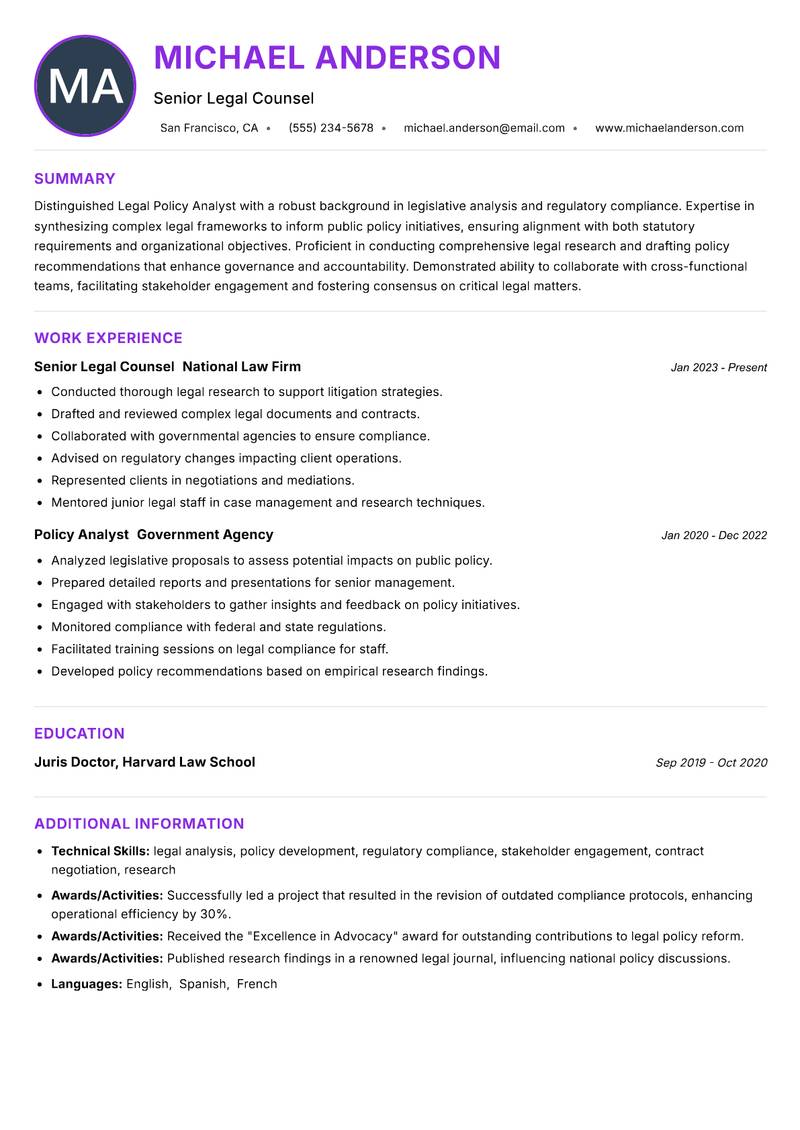 Legal Policy Analyst Resume Preview Example