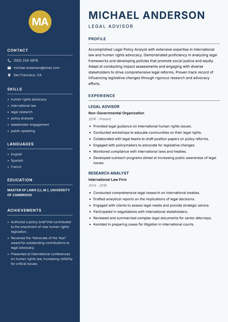 Legal Policy Analyst Resume Preview Example