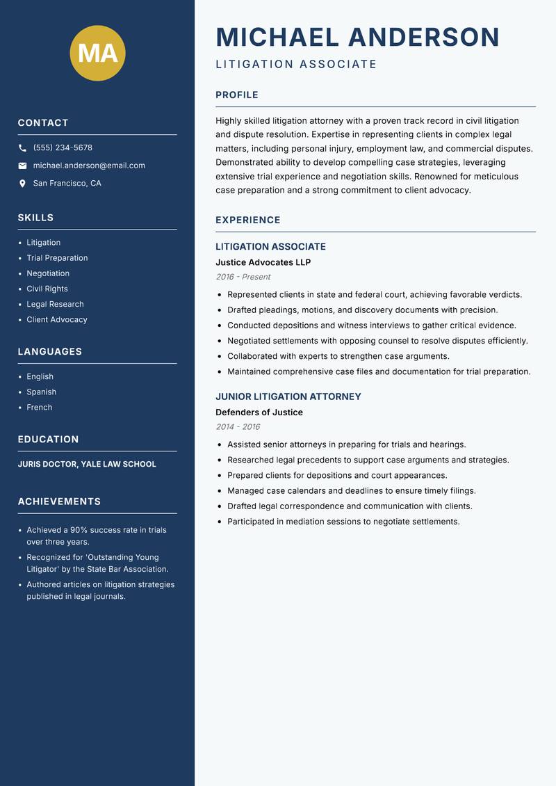 Legal Practitioner Resume Preview Example