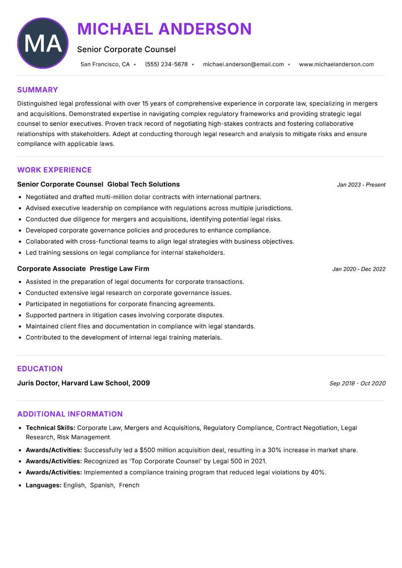 Legal Professional Resume Preview Example