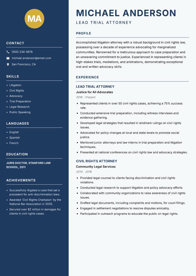 Legal Professional Resume Preview Example