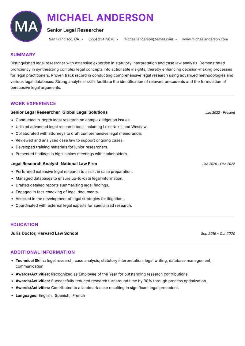 Legal Researcher Resume Preview Example