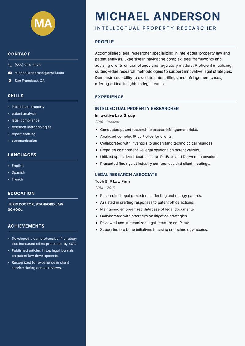 Legal Researcher Resume Preview Example