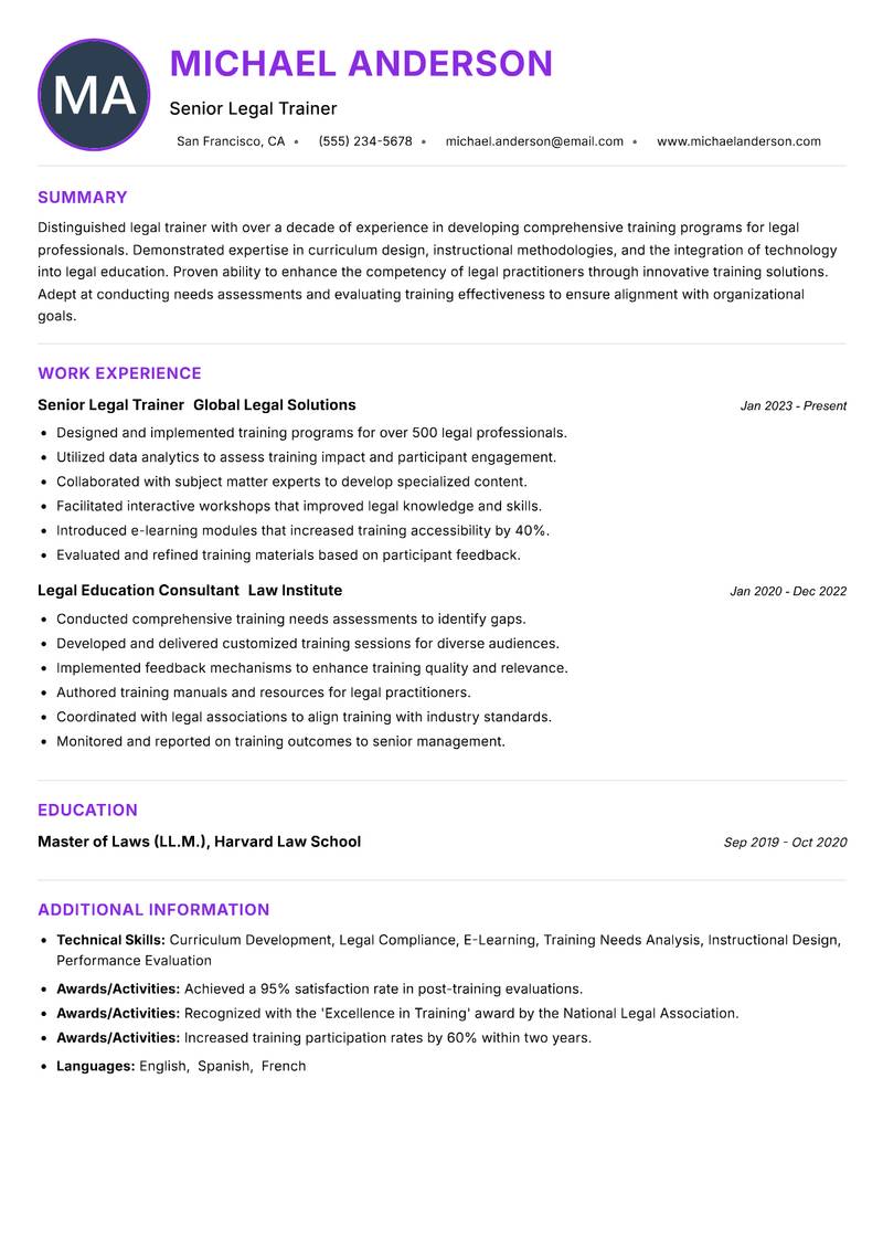 Legal Trainer Resume Preview Example