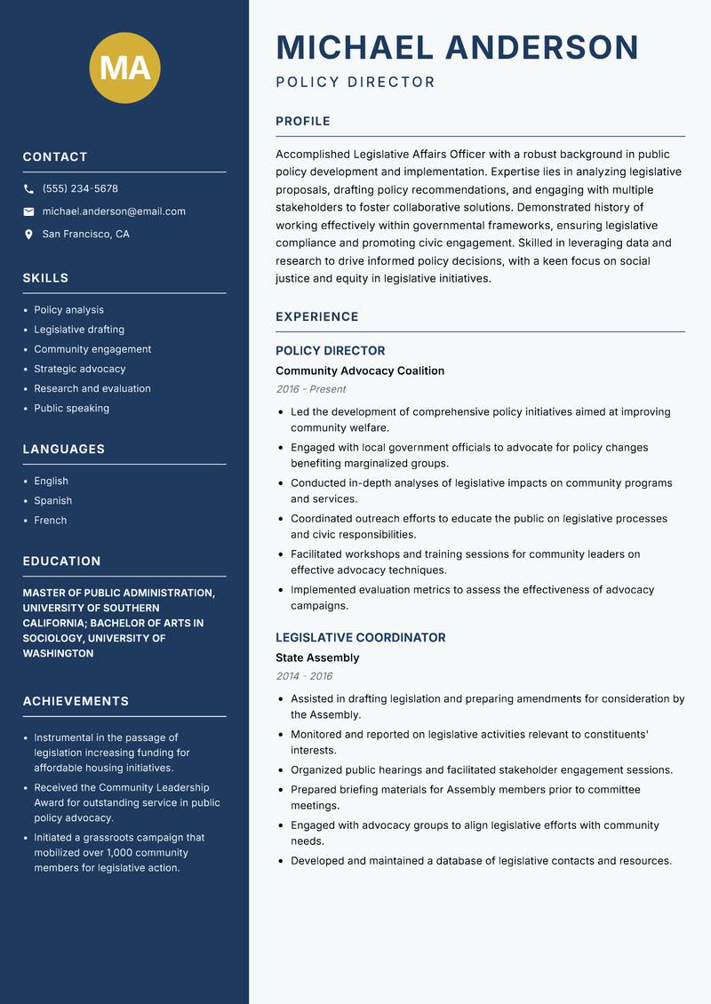 Legislative Affairs Officer Resume Preview Example