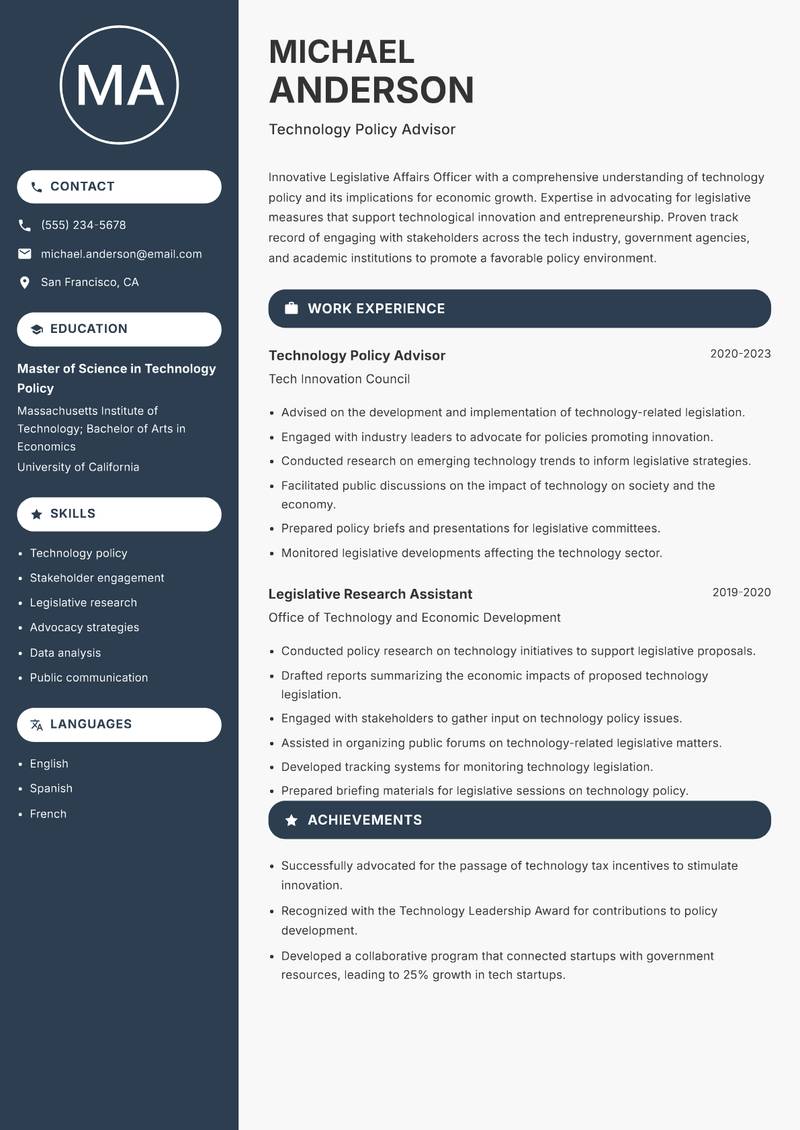 Legislative Affairs Officer Resume Preview Example