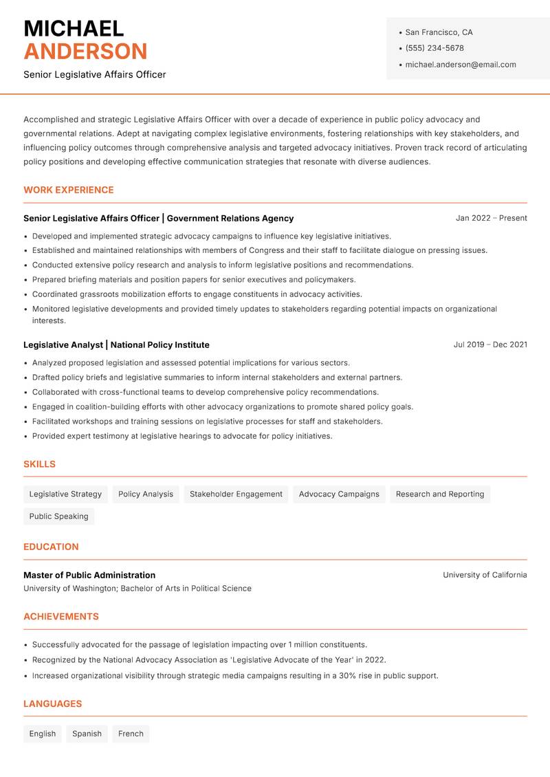 Legislative Affairs Officer Resume Template