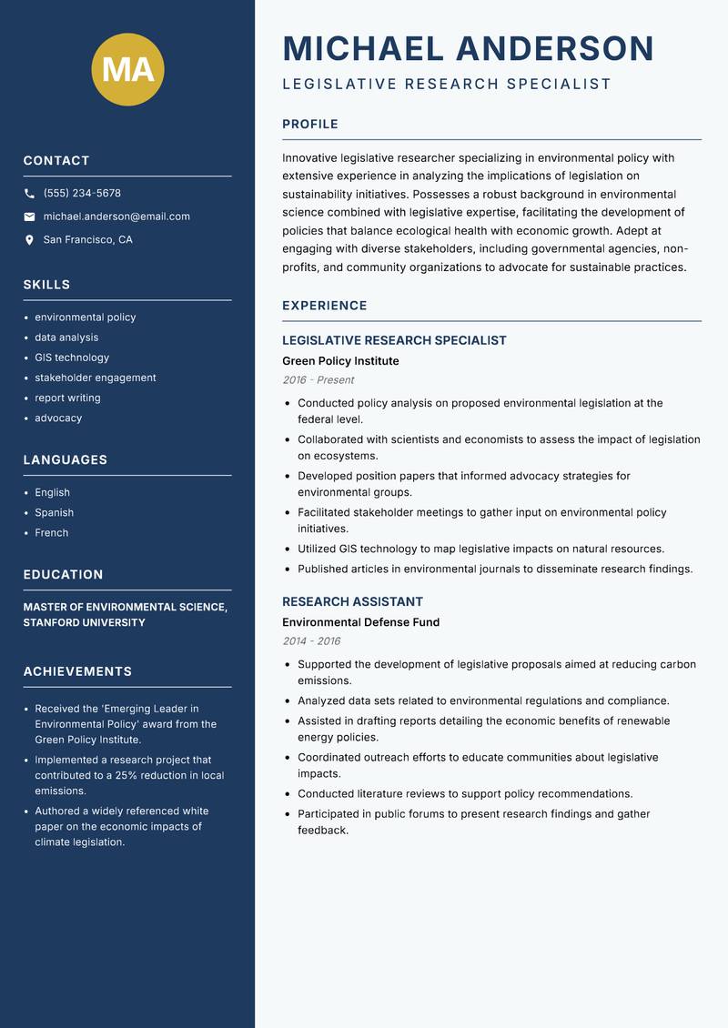 Legislative Researcher Resume Preview Example