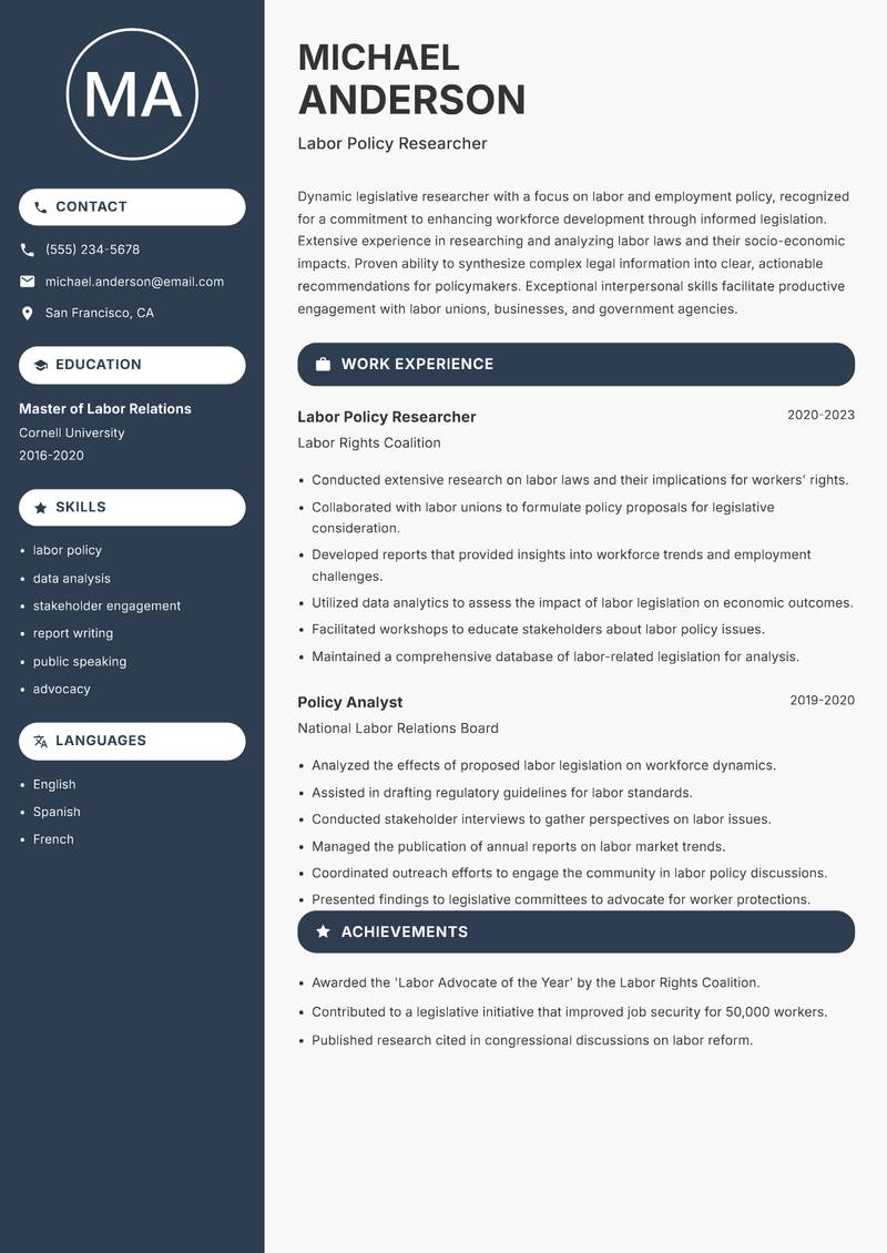 Legislative Researcher Resume Preview Example