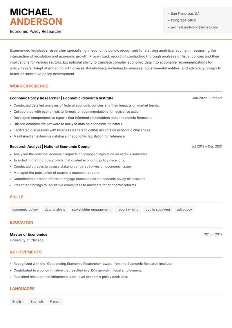 Legislative Researcher Resume Template