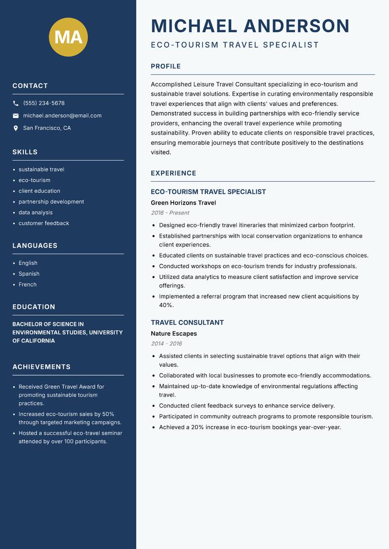 Leisure Travel Consultant Resume Preview Example