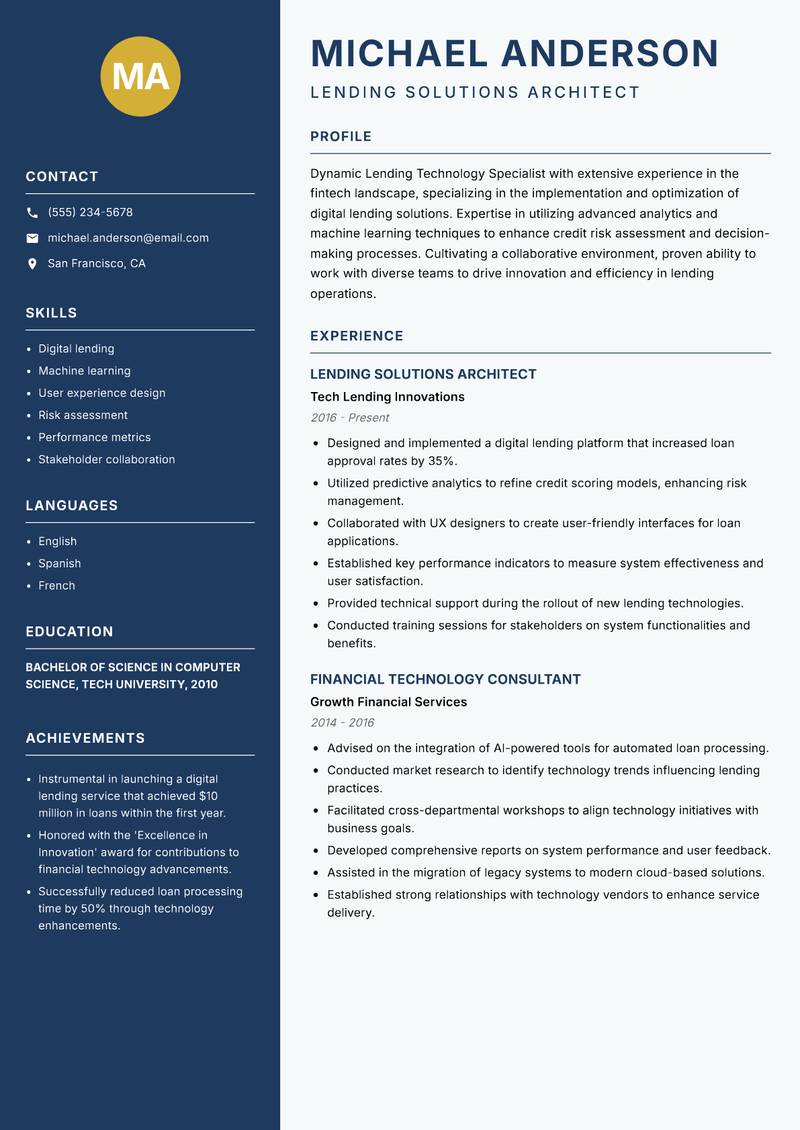 Lending Technology Specialist Resume Preview Example