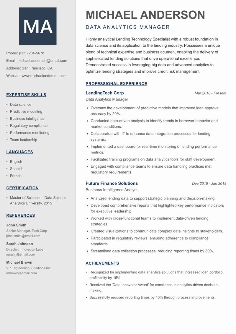 Lending Technology Specialist Resume Preview Example