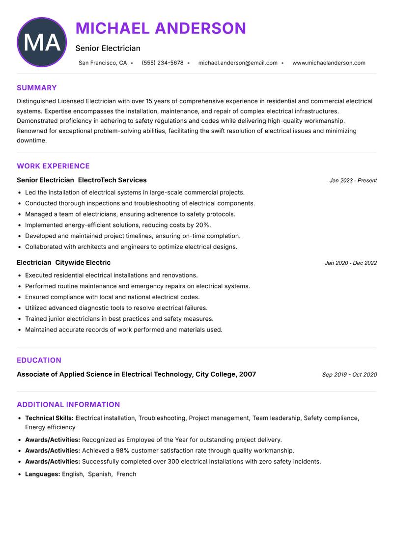 Licensed Electrician Resume Preview Example