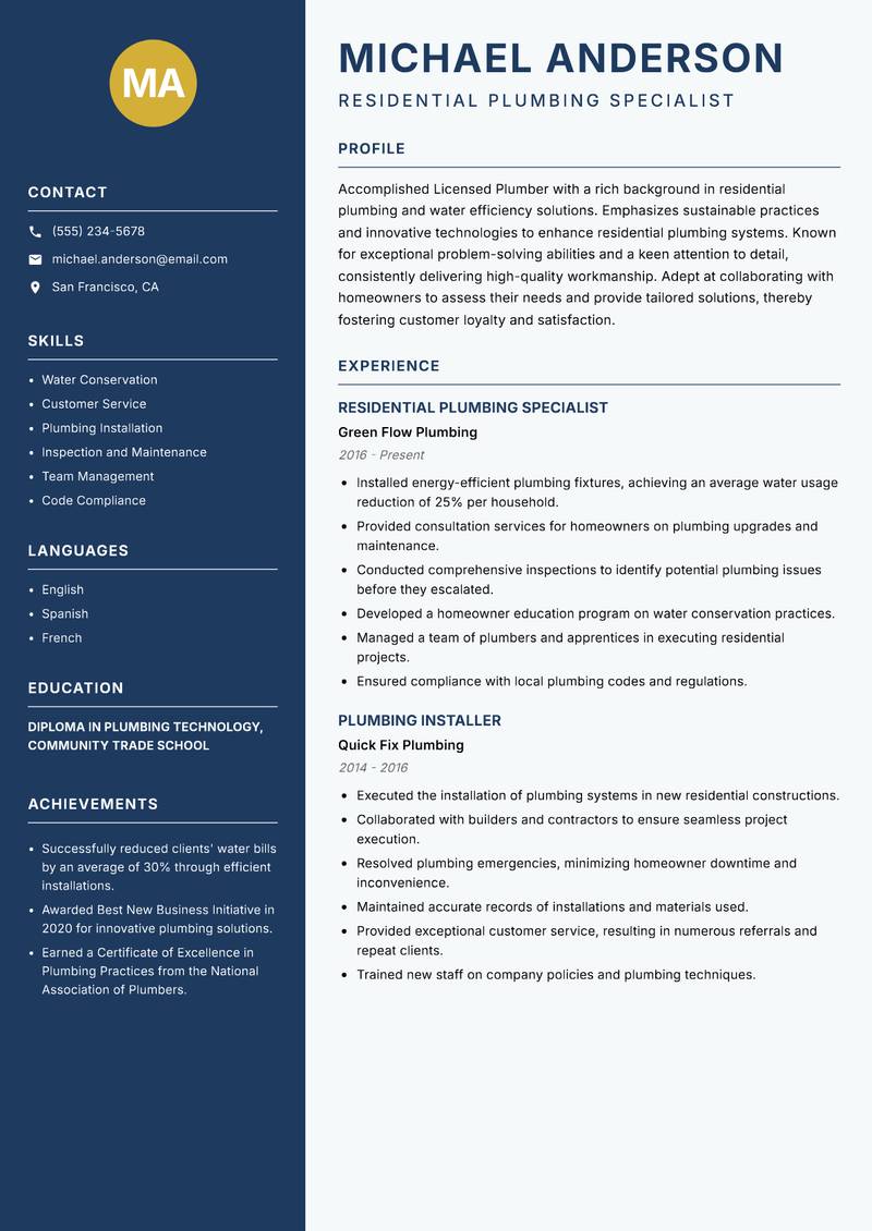 Licensed Plumber Resume Preview Example