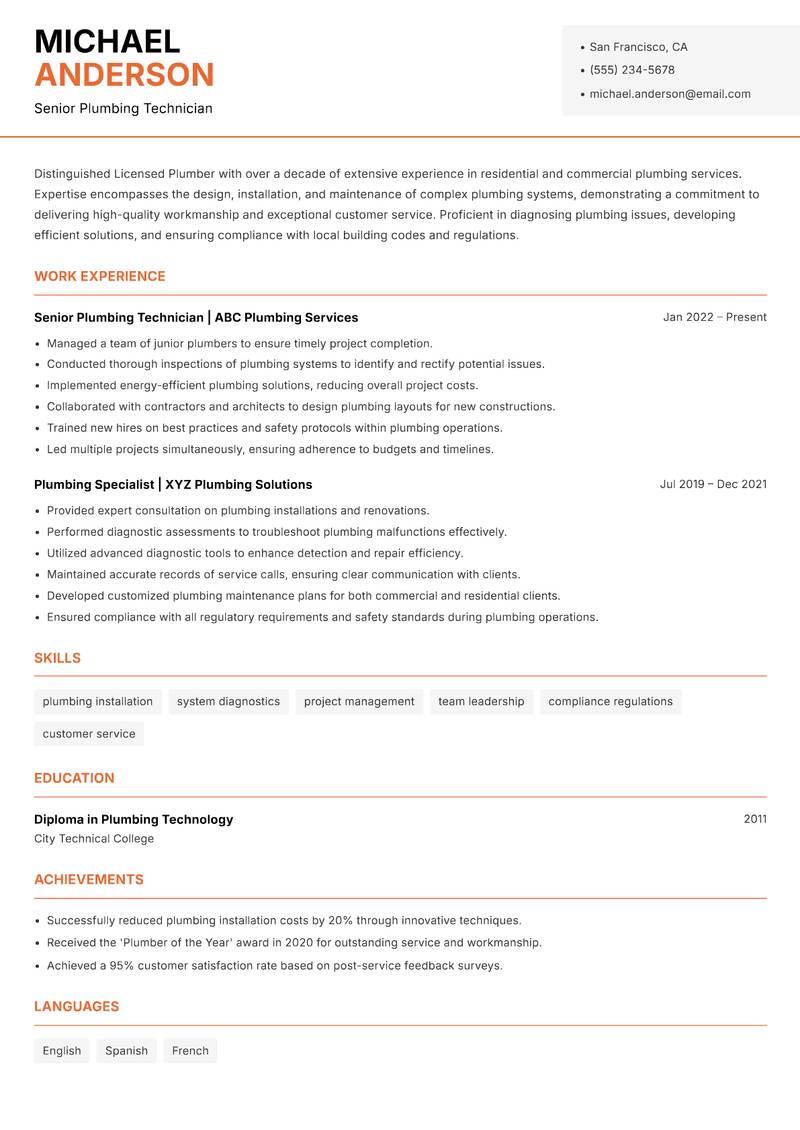 Licensed Plumber Resume Template