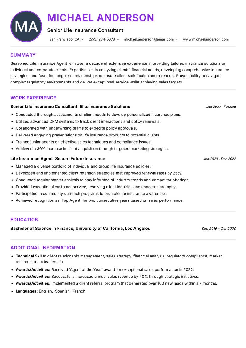 Life Insurance Agent Resume Preview Example