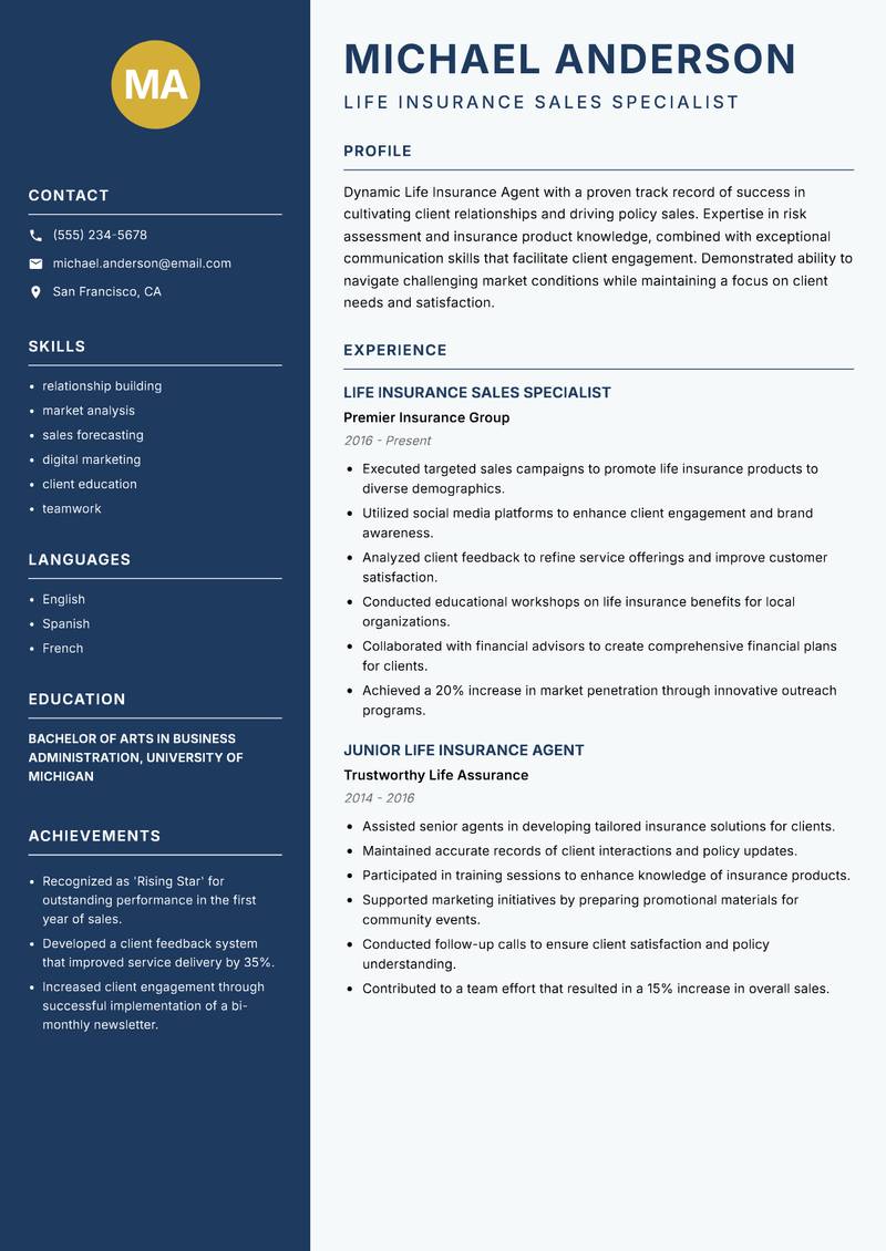 Life Insurance Agent Resume Preview Example