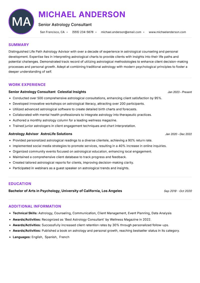 Life Path Astrology Advisor Resume Preview Example