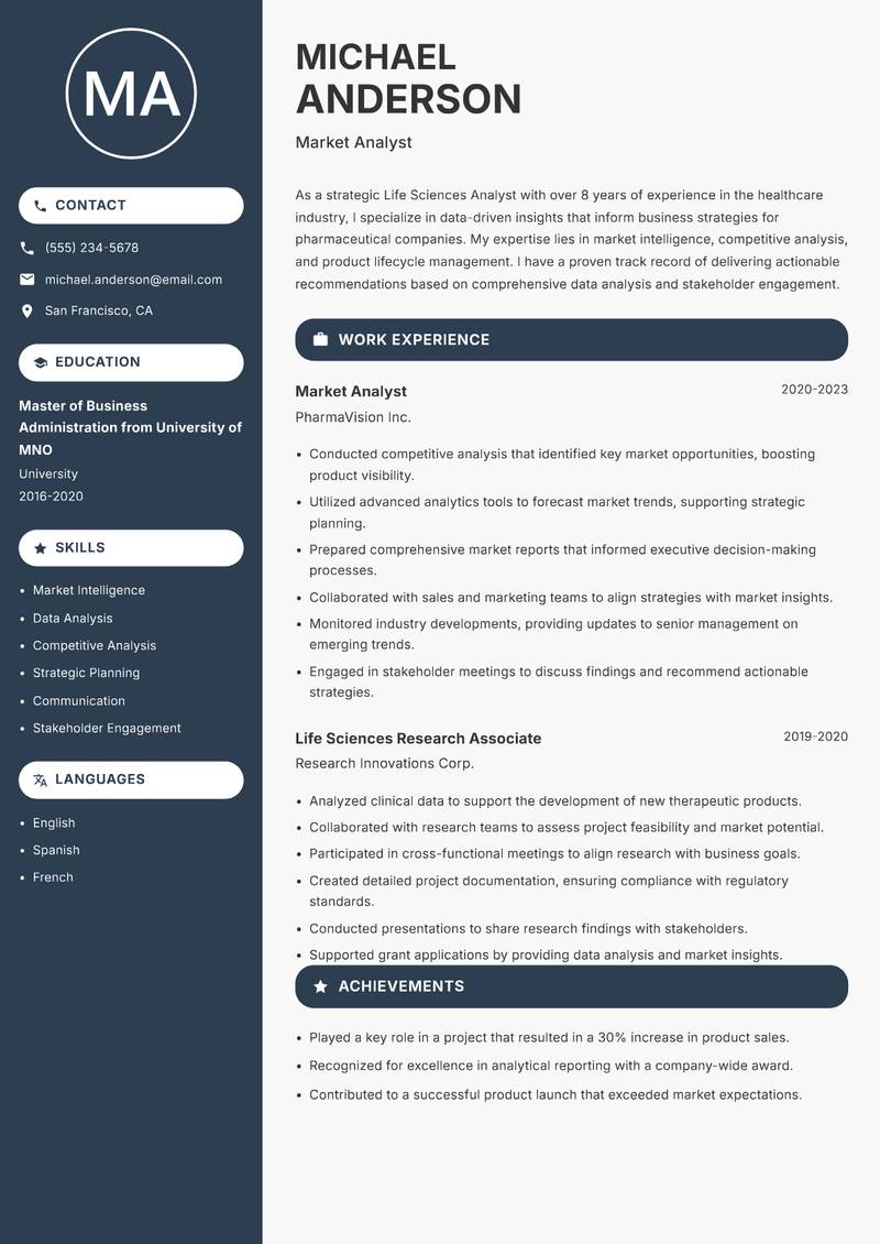 Life Sciences Analyst Resume Preview Example