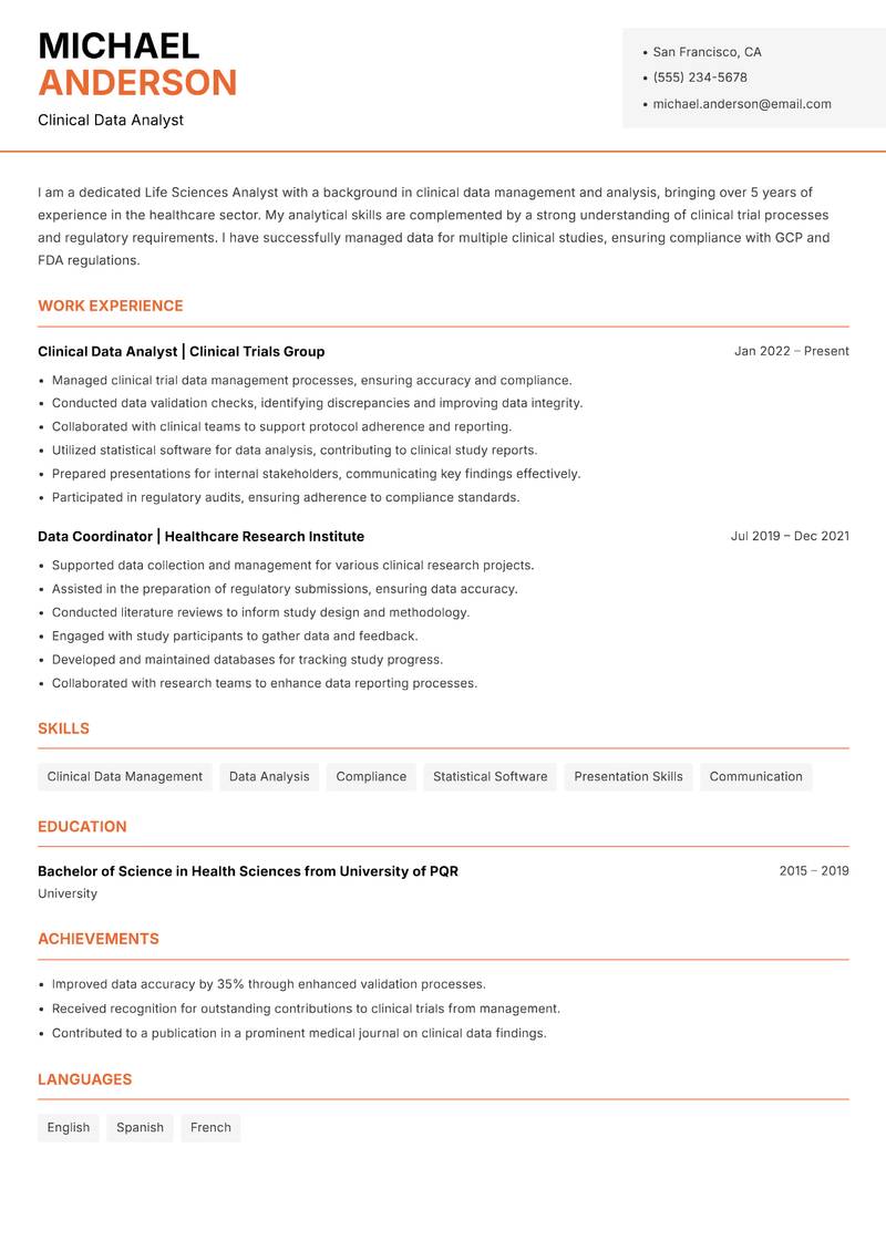 Life Sciences Analyst Resume Template