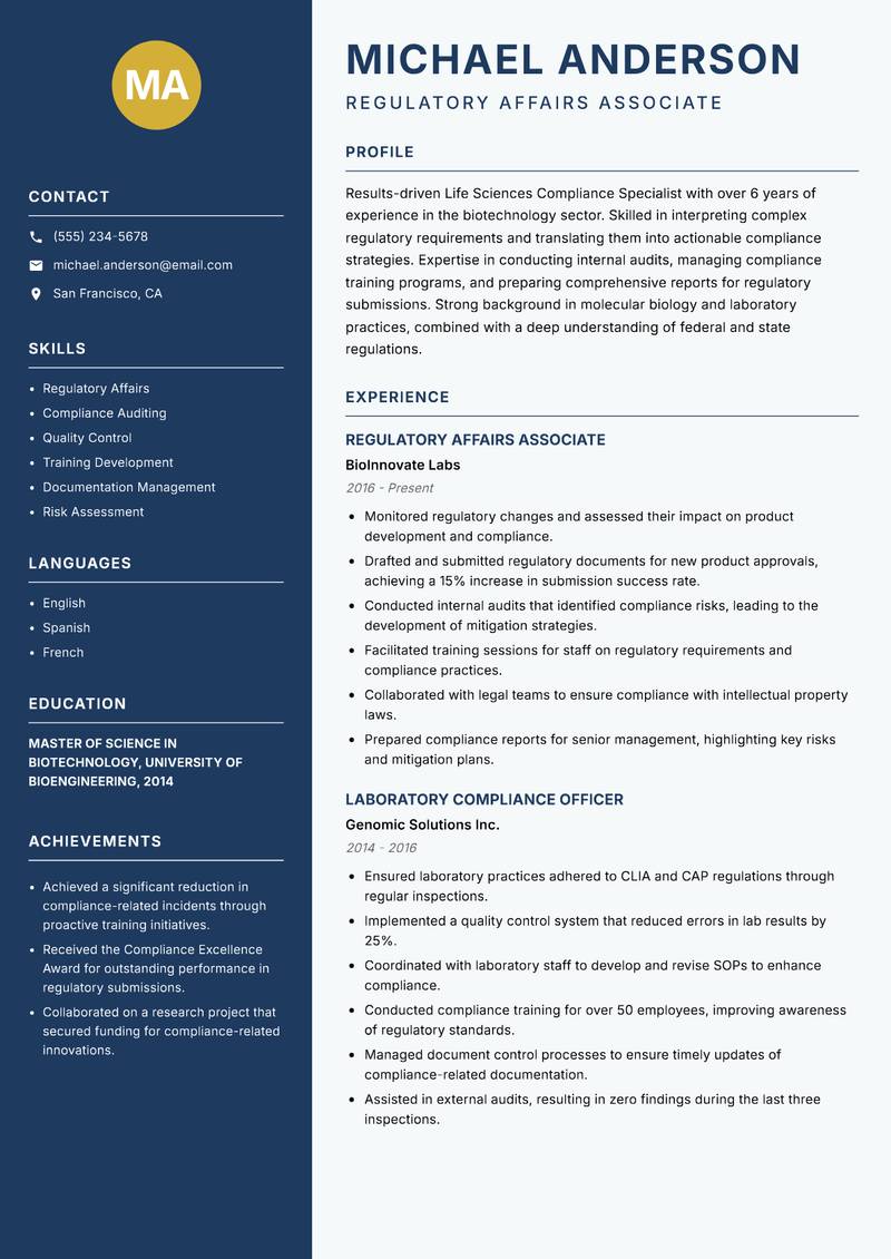 Life Sciences Compliance Specialist Resume Preview Example