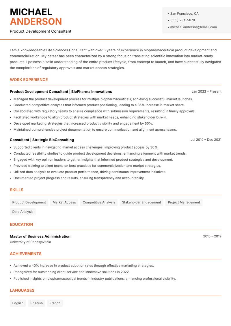 Life Sciences Consultant Resume Template