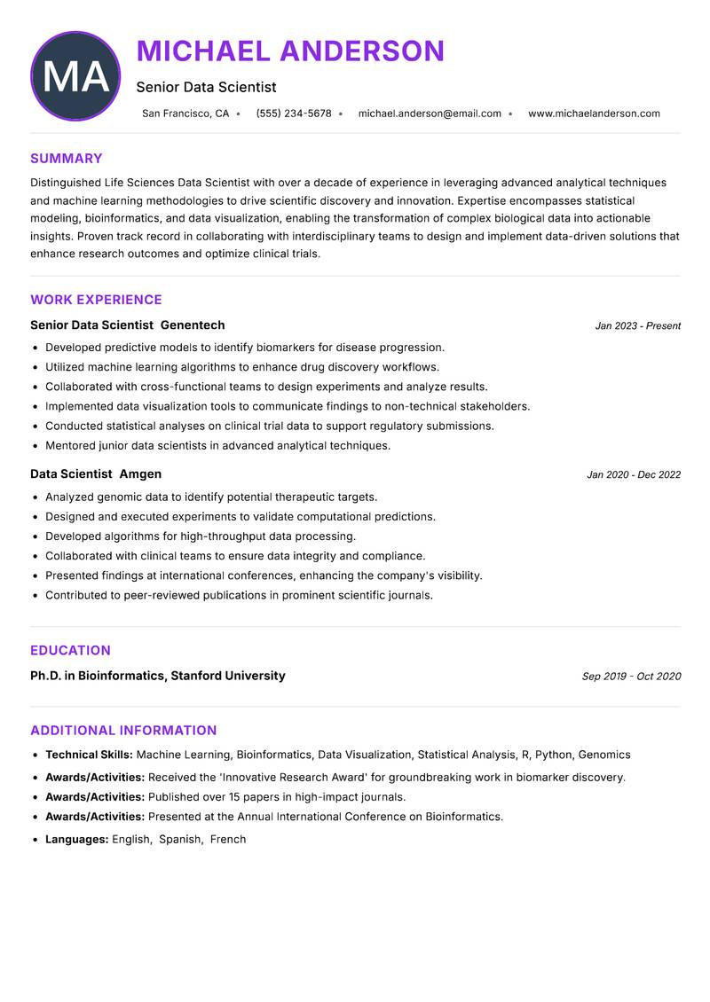 Life Sciences Data Scientist Resume Preview Example