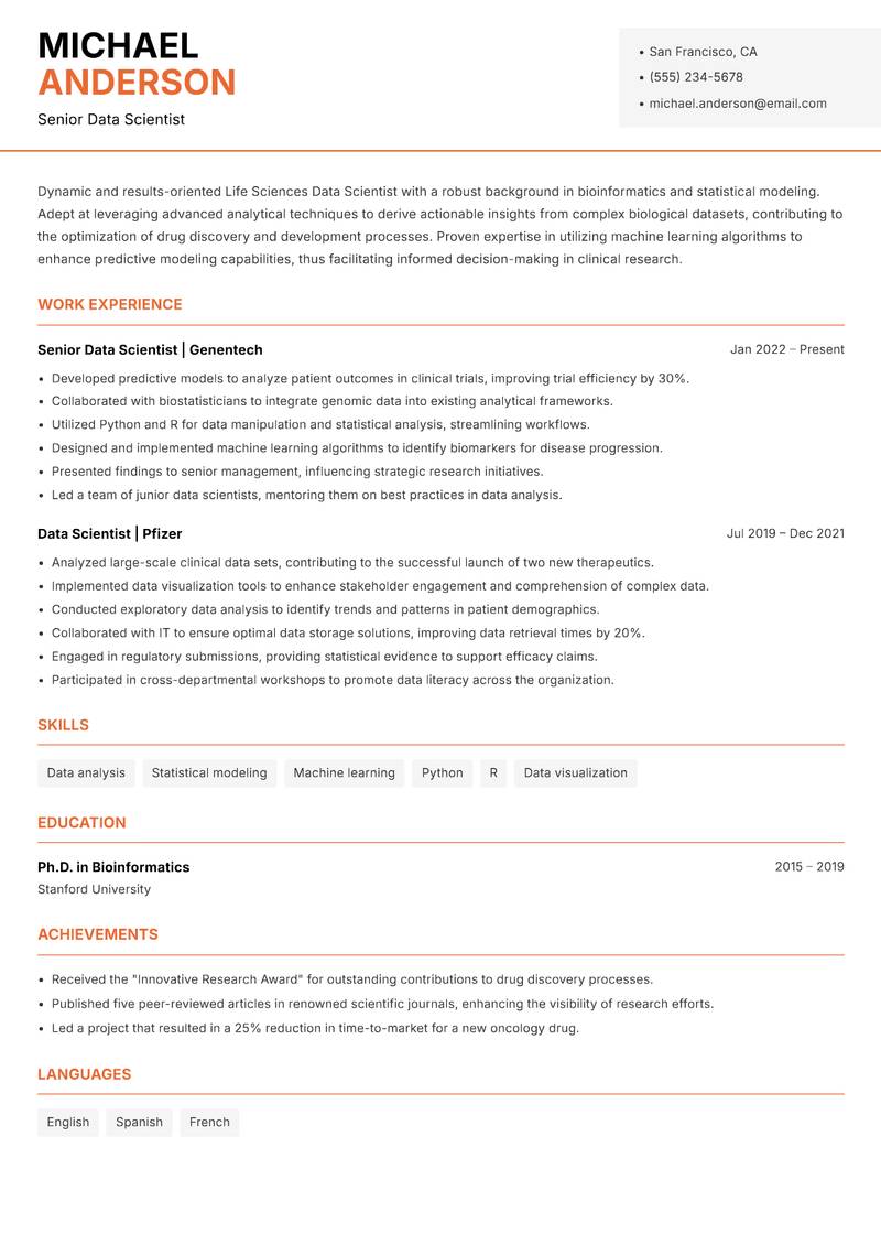 Life Sciences Data Scientist Resume Template