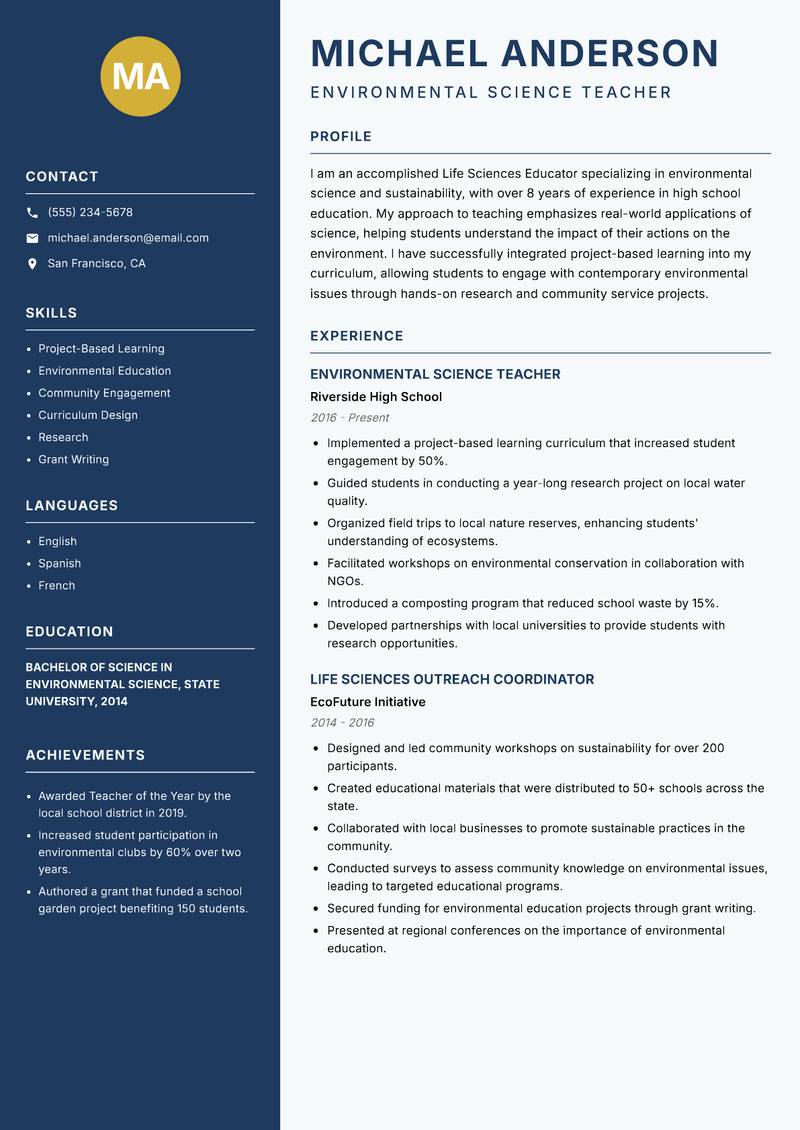 Life Sciences Educator Resume Preview Example