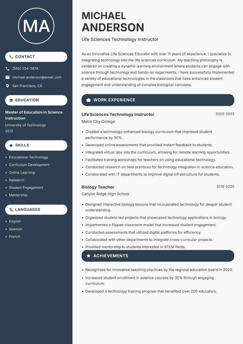 Life Sciences Educator Resume Preview Example