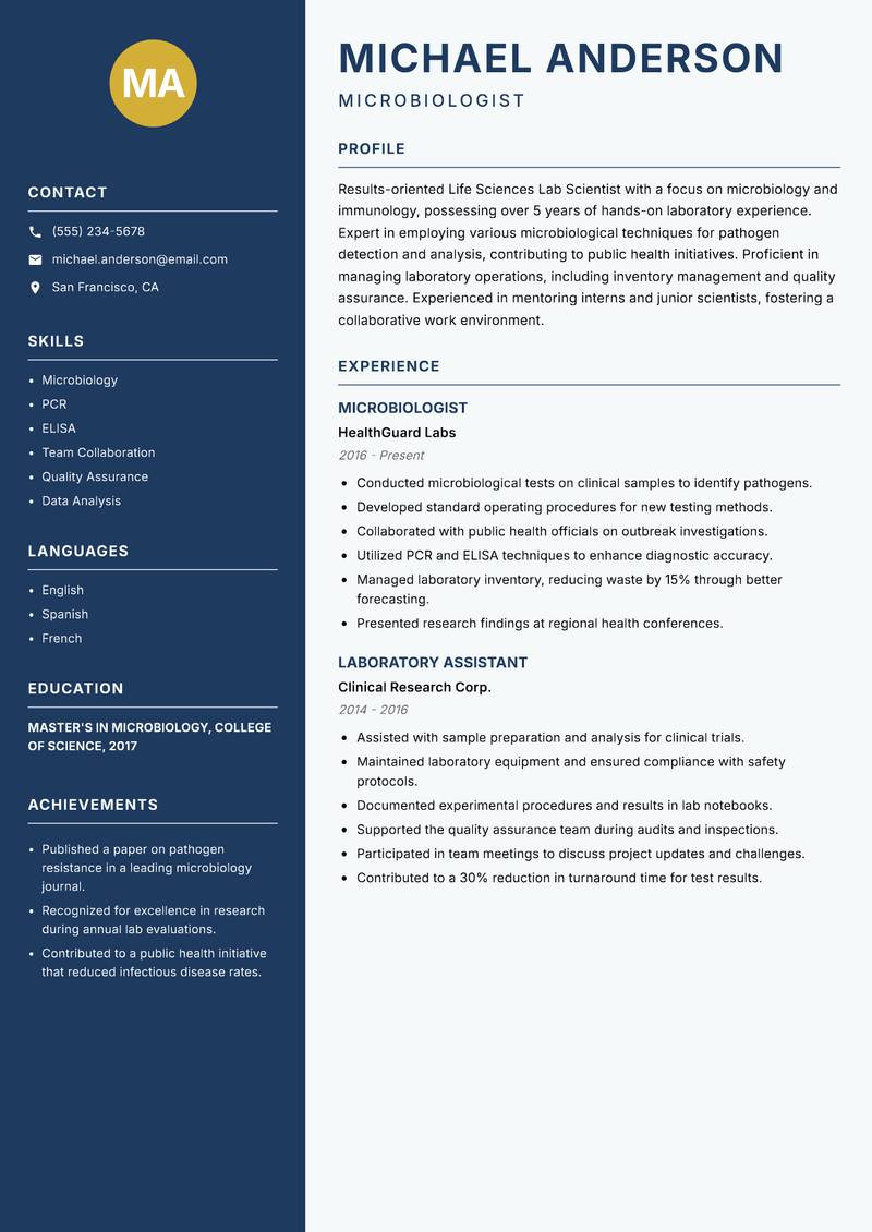 Life Sciences Lab Scientist Resume Preview Example