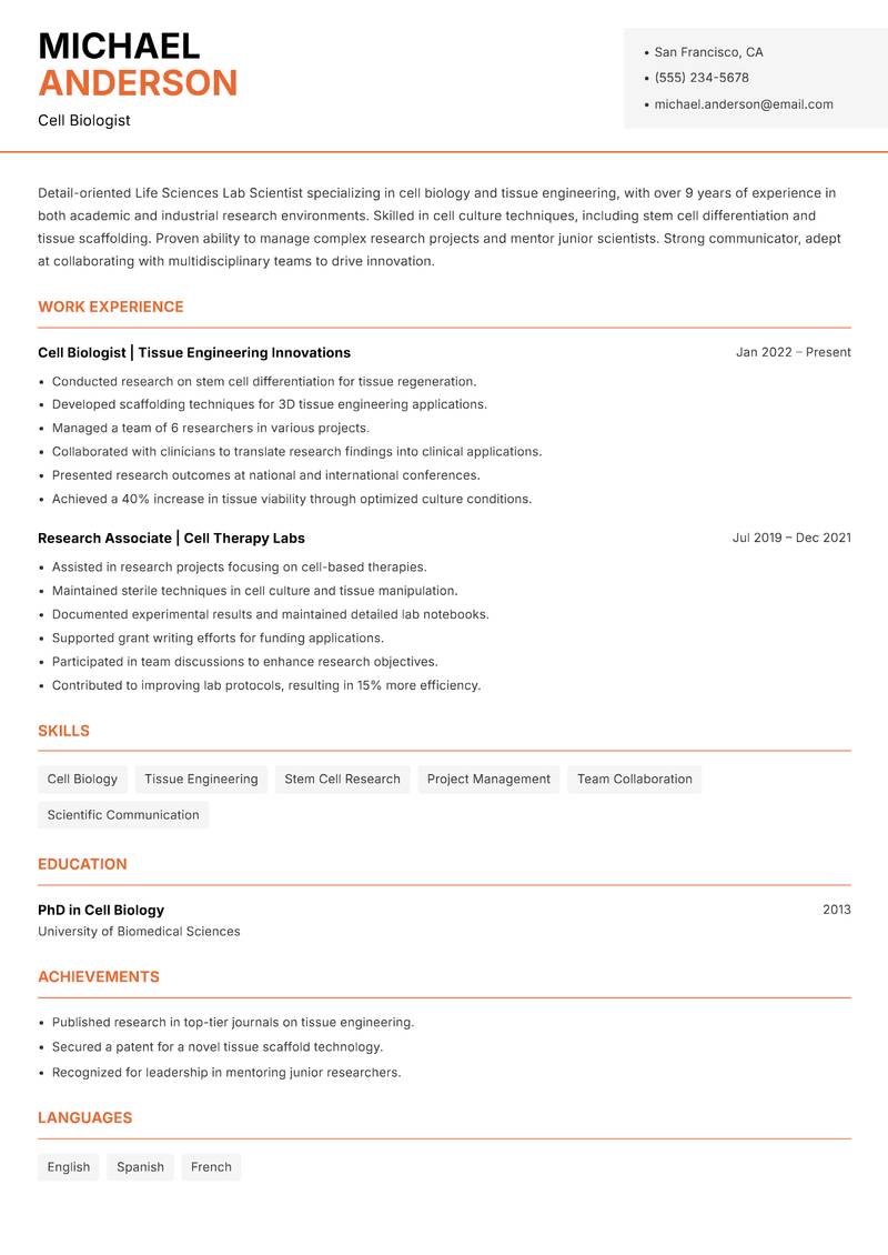 Life Sciences Lab Scientist Resume Template
