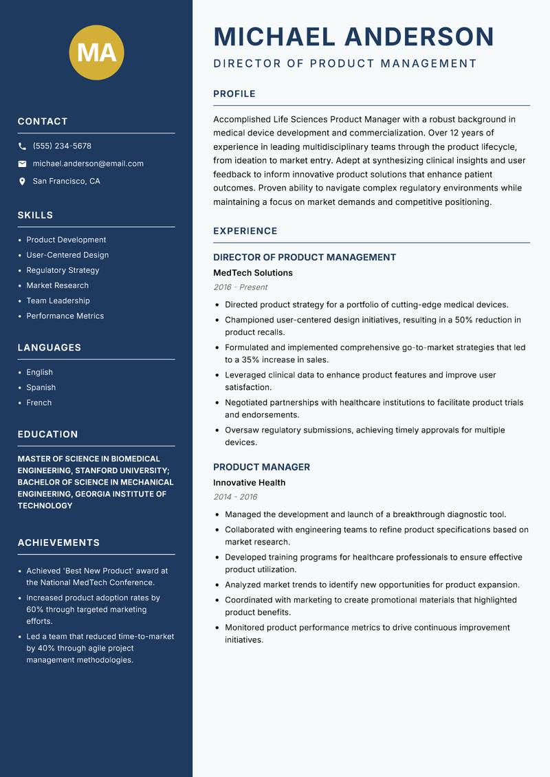 Life Sciences Product Manager Resume Preview Example