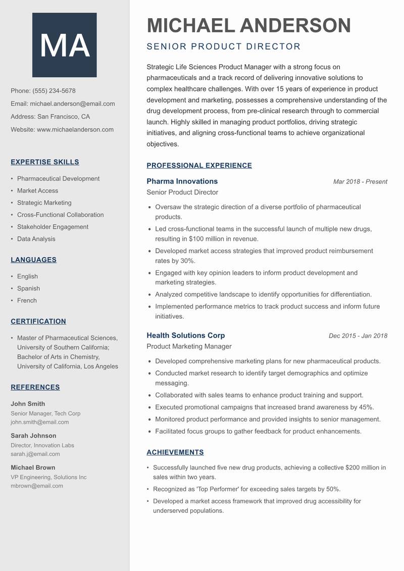 Life Sciences Product Manager Resume Preview Example