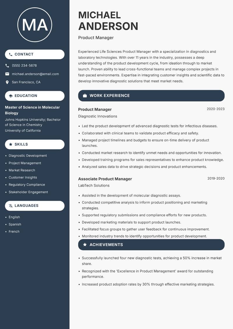 Life Sciences Product Manager Resume Preview Example