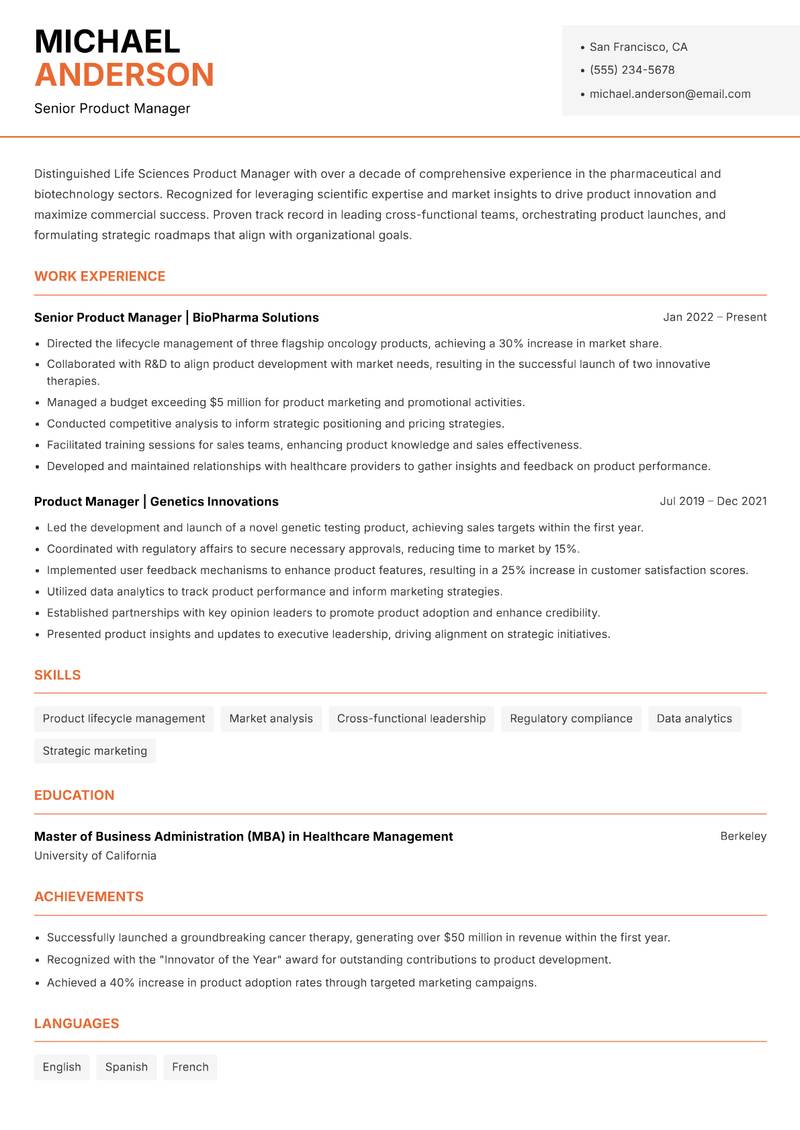 Life Sciences Product Manager Resume Template