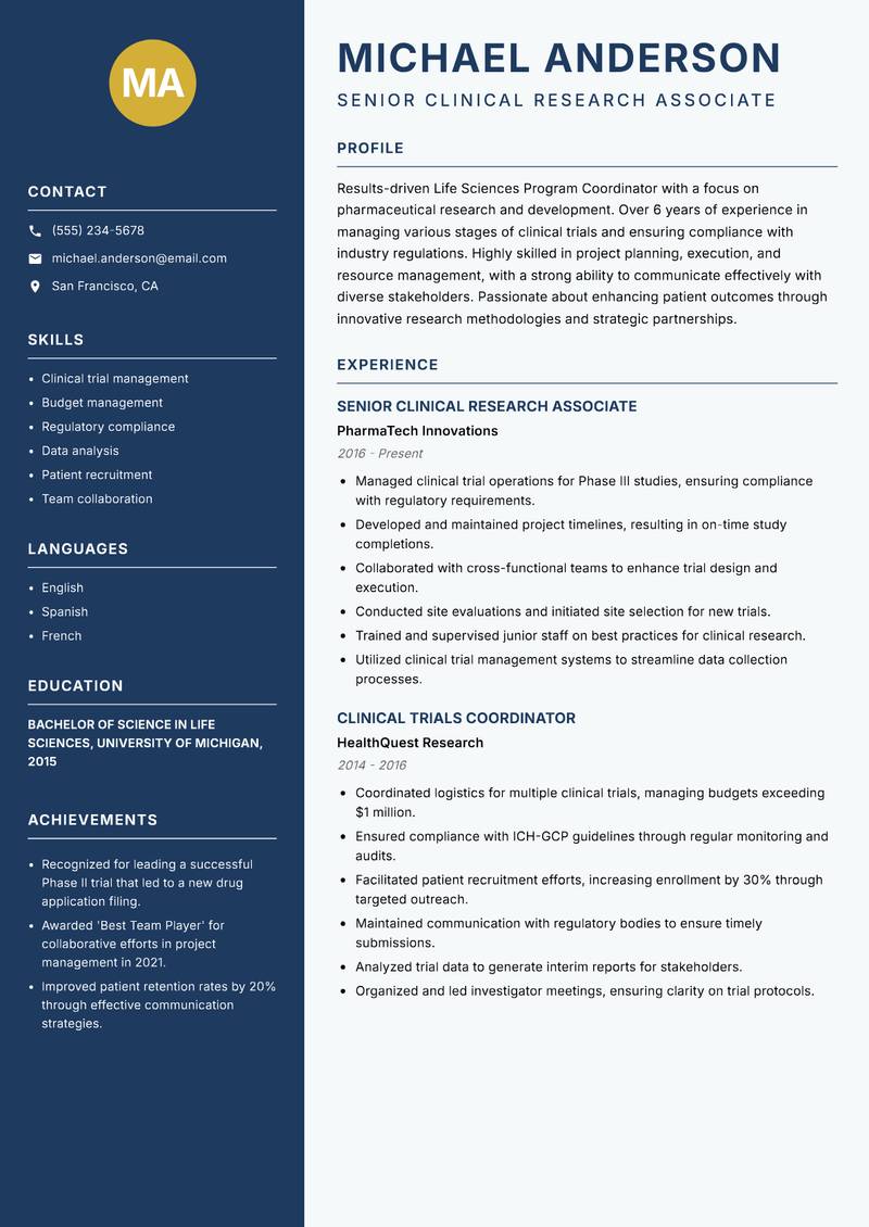 Life Sciences Program Coordinator Resume Preview Example