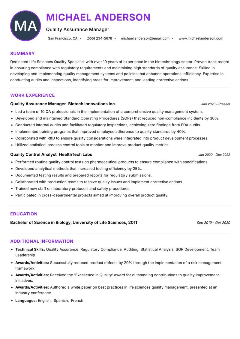 Life Sciences Quality Specialist Resume Preview Example