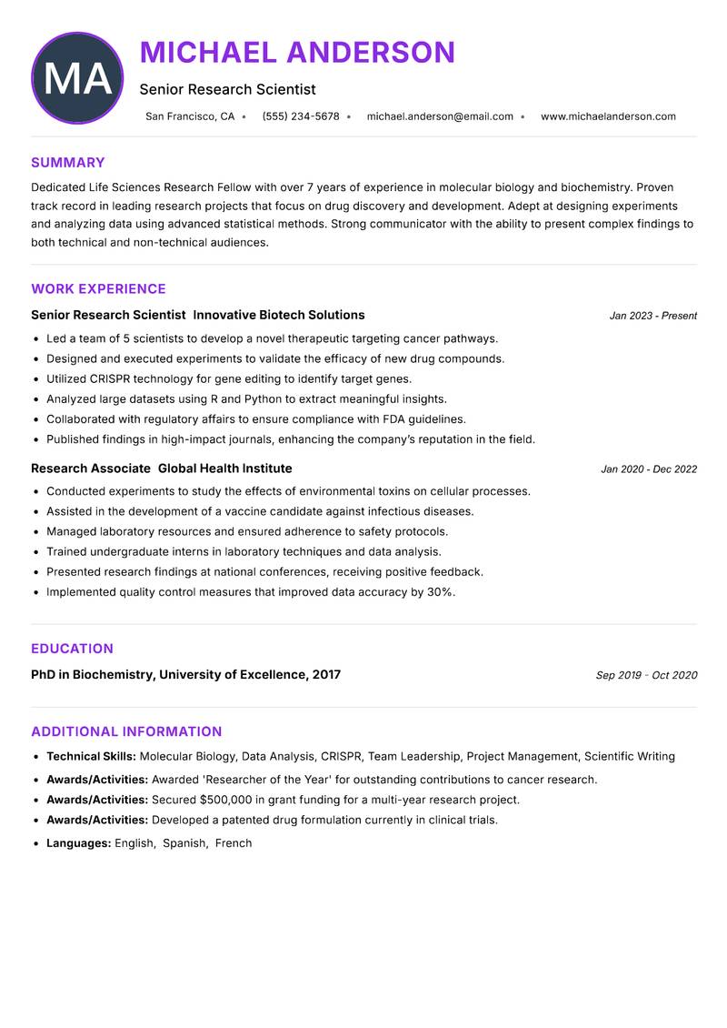 Life Sciences Research Fellow Resume Preview Example