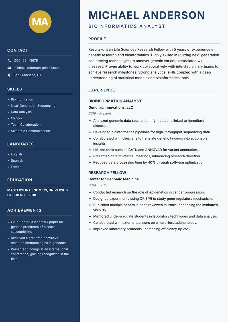 Life Sciences Research Fellow Resume Preview Example
