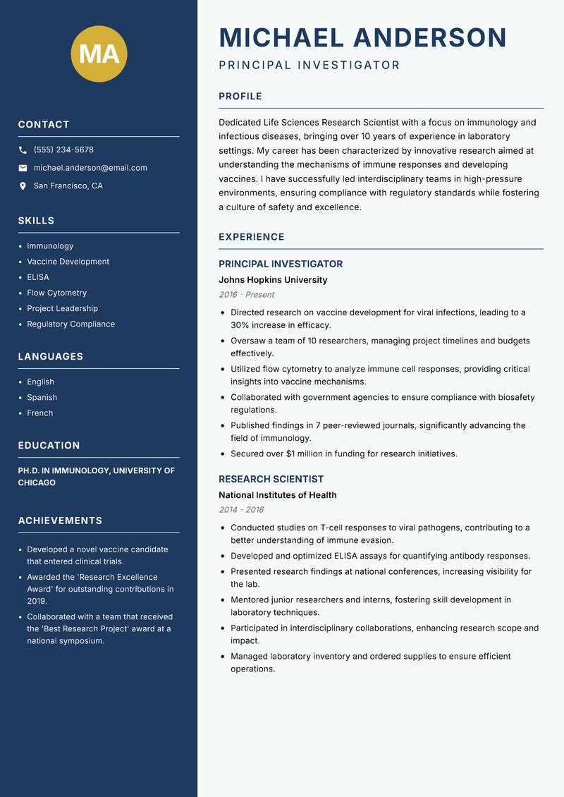 Life Sciences Research Scientist Resume Preview Example