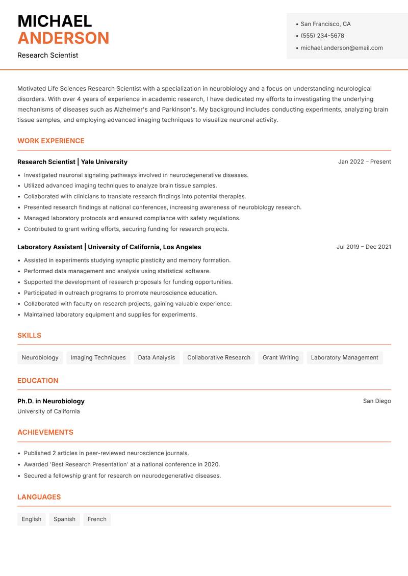 Life Sciences Research Scientist Resume Template
