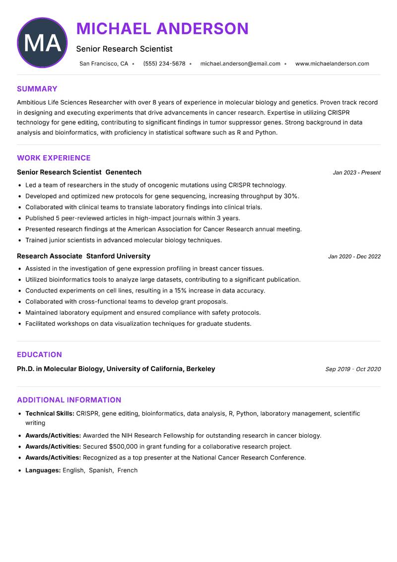 Life Sciences Researcher Resume Preview Example