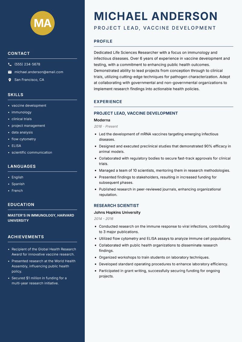 Life Sciences Researcher Resume Preview Example