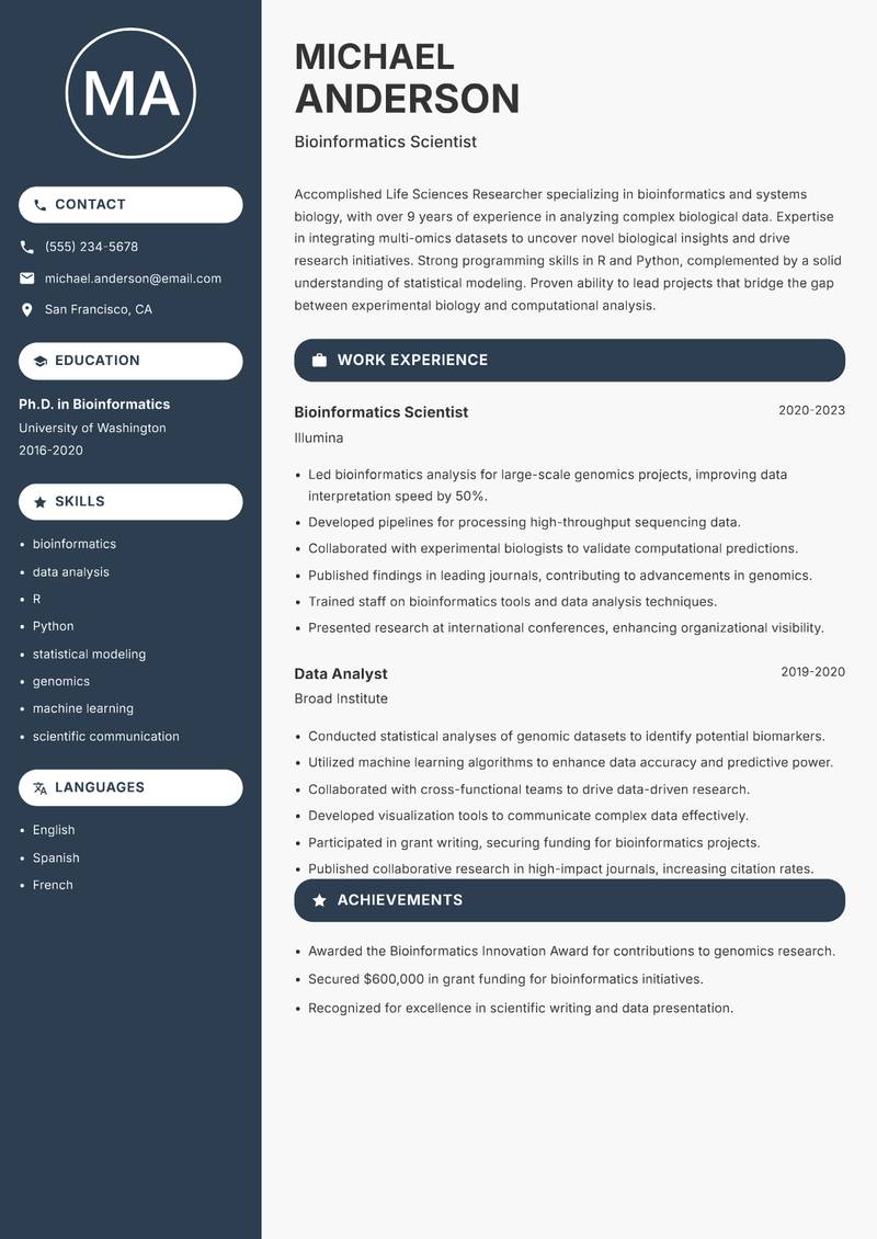 Life Sciences Researcher Resume Preview Example