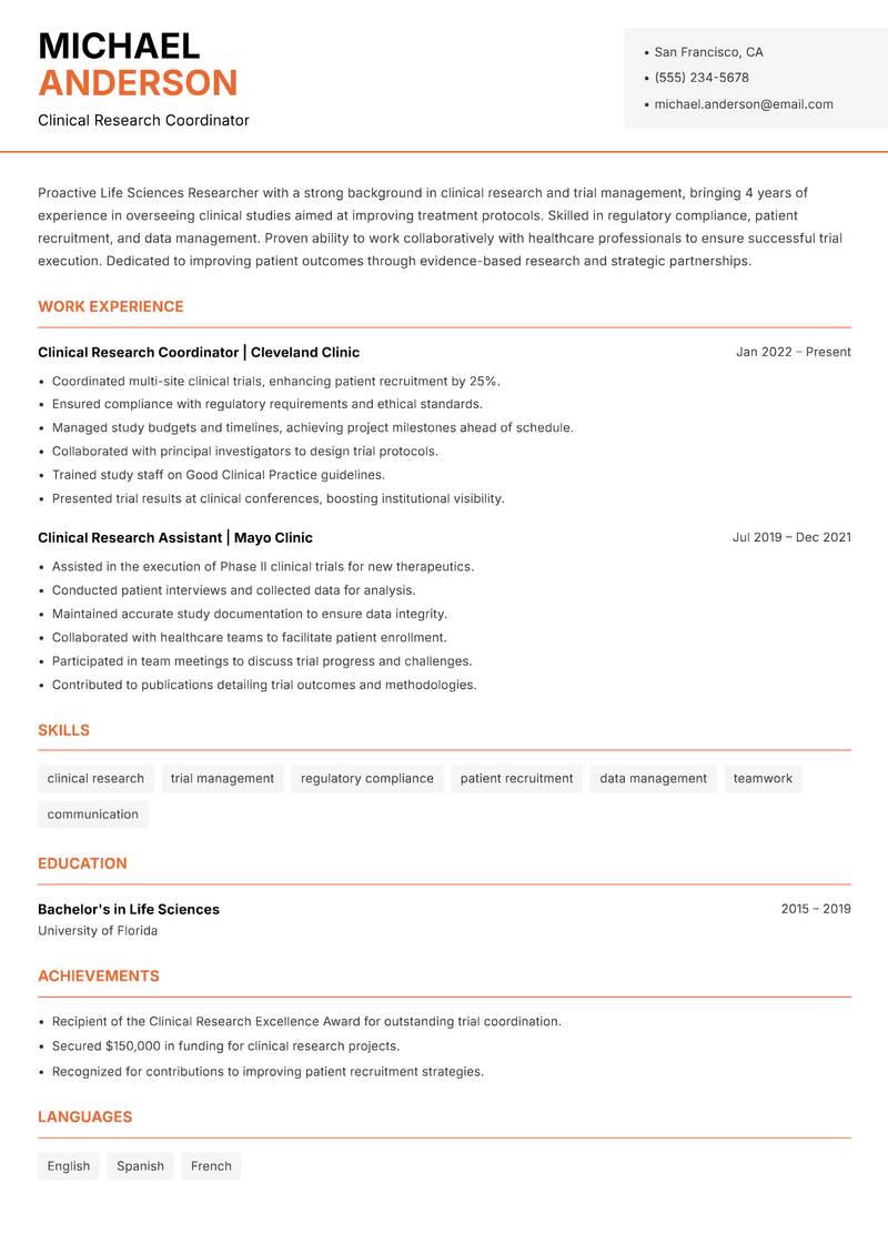 Life Sciences Researcher Resume Template